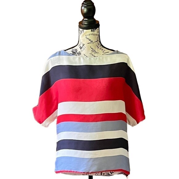 Zara Womens Red Blue Striped Boxy Oversized Pullover Cropped Sheer Blouse S - Picture 1 of 7